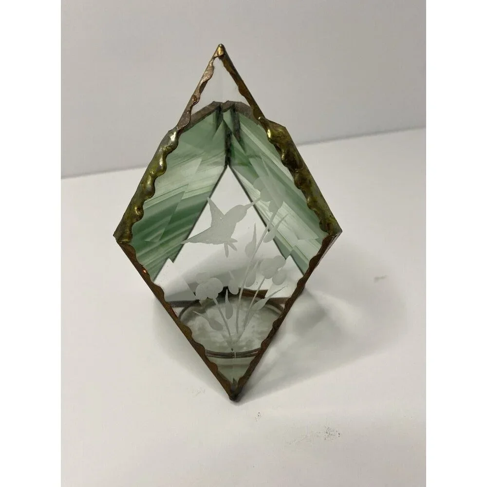 Stained‎ Green Glass Tea Light Holder Etched Glass Hummingbird Floral Design